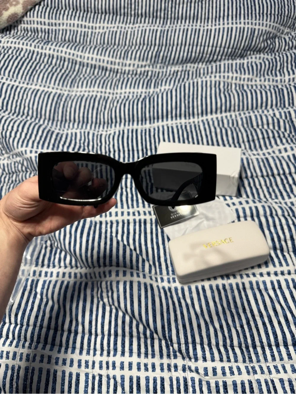 Versace Black Rectangular Sunglasses with Gold Medallion Temples